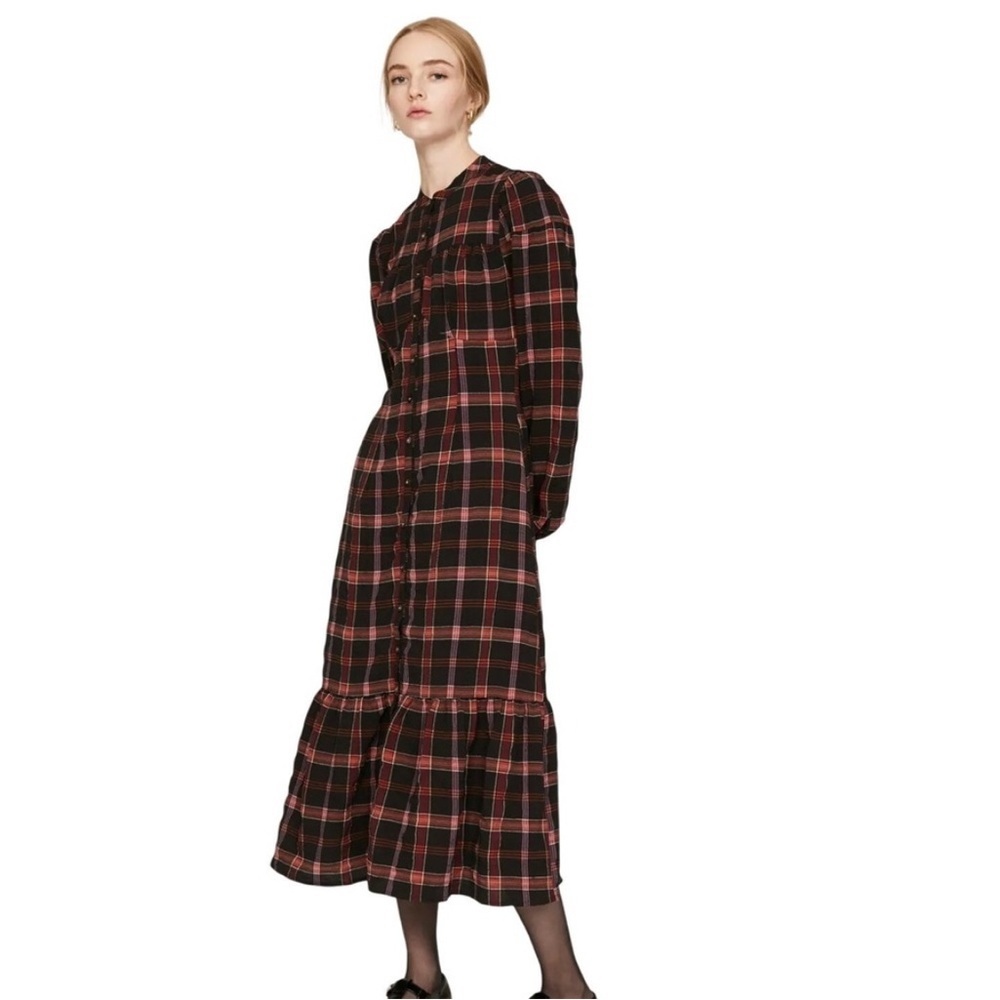 NWOT Pamela Love Plaid Boho Shirt Shirt Dress Maroon and Black Soft Comfortable